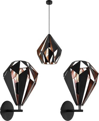 Loops Ceiling Pendant & 2x Matching Wall Lights Black & Copper Shard Geometric Shade