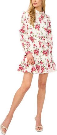 CeCe by Cynthia Steffe Ruffle Floral Print Tie Waist Dress in Egret at Nordstrom, Size 2