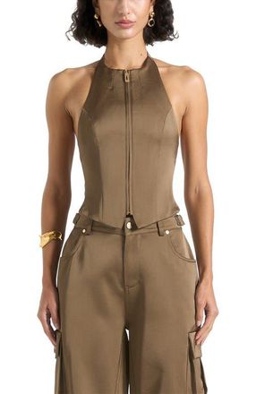 Mani&egrave;re De Voir Claudette Satin Halterneck Backless Top in Dark Olive at Nordstrom, Size 12