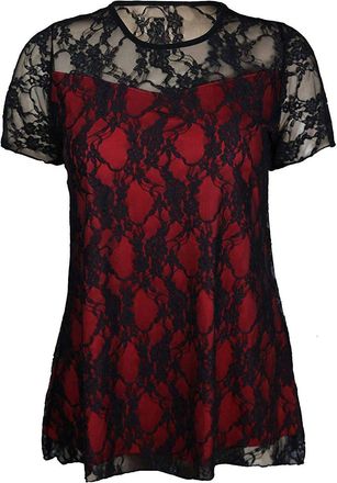 Purple Hanger New Womens Floral Lace Short Sleeve Ladies Flower Lined Patterned Stretch T-Shirt Tunic Party Top Plus Size (22 / 24, Black & Red)
