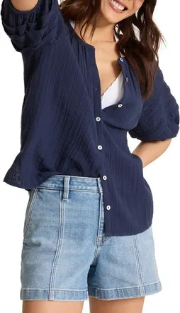 Tommy Bahama Lace Inset Cotton Gauze Button-Up Shirt in Coastline at Nordstrom, Size X-Large