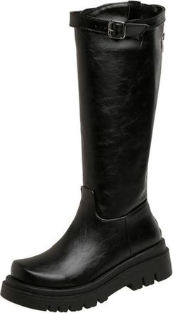 Generic Womens Knee High Riding Boots with Chunky Platform, Buckle Detail & Square Toe, Casual Style,Black,7.5 UK