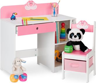 Relaxdays Relaxdays - Escritorio Infantil Con Dise&ntilde;o De Cisne, Mesa Ni&ntilde;os Con Silla, Escuela, Pintura, 79,5 X 80 X 40 Cm, Borde Alto, Rosa Y Blanco