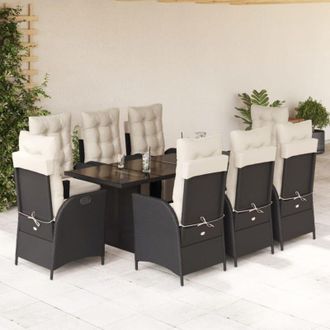 vidaXL Set De Comedor De Jard&iacute;n 9 Pzas Y Cojines Rat&aacute;n Sint&eacute;tico Negro Vidaxl