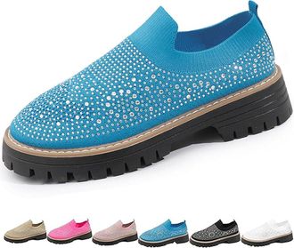 Generic Womens Knitted Platform Slip On Rhinestone Loafers, Orthopedic Chunky Loafers Breathable Mesh Sparkly Glitter Walking Shoes (7.5,Blue)