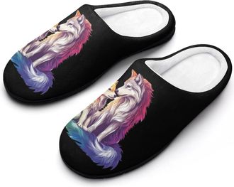 Generic Colorful Wolf Family Womens Slippers Warm House Slippers Indoor House Shoes with Anti-Skid Rubber Sole
