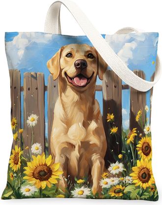Generic Spring Labrador Retriever Dog Canvas Tote Bag for Shopping 13x15, Sunflower Fence Puppy Reusable Grocery Print Bag for Women, Farmhouse Pet Beach Aest