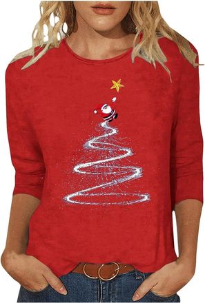 Generic Christmas Tops for Women UK Casual 3/4 Sleeve Crew Neck Tunic Shirts Funny Xmas Print Blouse Dressy Lightweight Holiday Clothes Comfy T-Shirt 2025 Fas