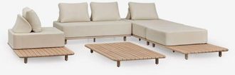 Sklum Conjunto De Sal&oacute;n Con Sof&aacute; Modular Chaise Longue De 3 Piezas, Mesa Auxiliar, Sill&oacute;n Y Mesa De Centro 160x95 Cm En Acacia Portet Sklum