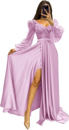 Generic Womens Long Sleeve Sequin Prom Dresses with Slit V Neck Formal Evening Party Gowns Puffy Sleeve Princess Dresses Lilac M