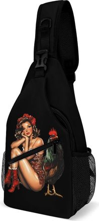 Generic Pin Up And Rooster Unisex Shoulder Bags Casual Crossbody Chest Bag Sling Backpack for Hiking Cycling Travel