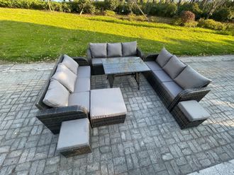 Fimous 12 Seater Wicker Rattan Garden Furniture Set with Rectangular Dining Table 3 Footstools Patio Outdoor Lounge Sofa Set in Dark Grey