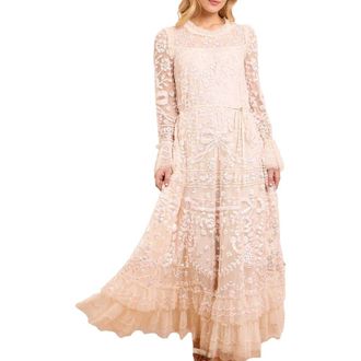 Needle & Thread Celia Long Sleeve Ankle Gown in Cream/dusk Pink at Nordstrom, Size 16