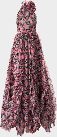 Carolina Herrera Corsage Halter Floral Ruffle Gown