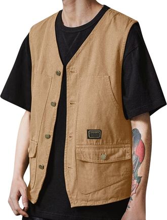 Generic Waistcoats For Men Casual | Cargo Vest Men Cotton Gilet Multi Pocket Outdoor Waistcoat Durable Hiking Waistcoat Solid Color Tactical Gilet Comfortable