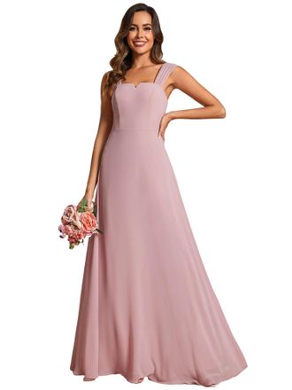 Ever-pretty Women Dress Bridesmaid Maxi Chiffon Dress with Square Neckline and Cover Sleeve Elegant Floor Length Evening Dress Dusty Rose 12UK