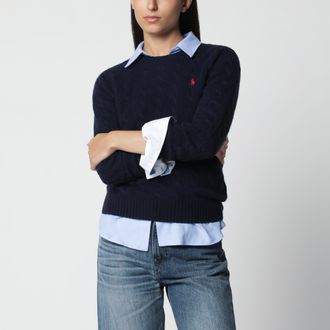 Polo Ralph Lauren Maglione girocollo a trecce in lana e cashmere blu navy