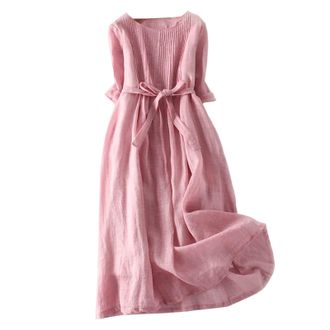 Generic Summer Dresses for Women UK Cotton Linen Round Neck Loose Solid Color Midi Dresses for Women UK A Line Flowy Dress Perfect for Daily Holiday Travel Pa