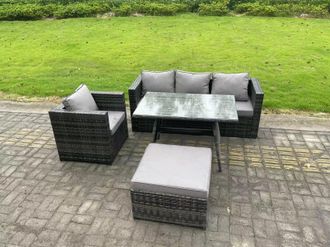 Fimous Rattan Outdoor Furniture Garden Dining Set with Oblong Dining Table Armchair Big Footstool Dark Grey Mixed