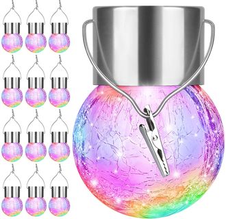 OEM Juego De 12 Luces Colgantes Solares Para Exteriores: Esferas Decorativas De Cristal Craquelado Led, Impermeables Y Con Ganchos Para Jard&iacute;n, Patio, Val