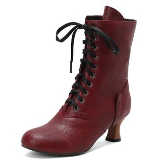 Generic Eestfy Womens Victorian Style Mid Calf Leather Lace Up Boots Kitten Heel Steampunk Party Dress Boots,Burgundy,6.5 UK