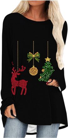 Generic Christmas Sweatshirts for Women Xmas Tree Graphic Long Sleeve Tops Loose Casual T-Shirts Ladies Christmas Jumpers Crewneck Lightweight Comfy Pullover 