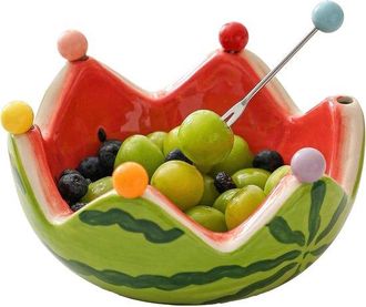 OEM Frutero De Cer&aacute;mica Con Forma De Sand&iacute;a Con 6 Tenedores De Acero Inoxidable, Combinaci&oacute;n Colores Rojo Verde, Dimensiones: 7 X 5,5 X 3,5 Pulgadas