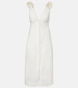 Farm Rio Floral-appliqu&eacute; linen midi dress