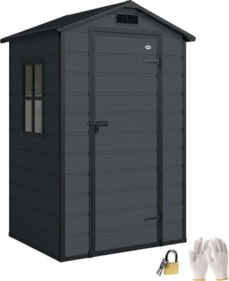OUTSUNNY Cobertizo De Jard&iacute;n Exterior De Pl&aacute;stico 1,09 M&sup2; 128x104x196 Cm, Con Suelo, Puerta Con Cerradura, Ventana Y Ventilaci&oacute;n, Gris Oscuro
