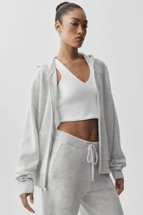 Alo | Wool Cashmere New Class Full Zip Hoodie in White Heather, Size: Medium