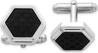 Diamond2Deal Sterling Silver Rhodium-plated Hexagon Black Carbon Fiber Cufflinks