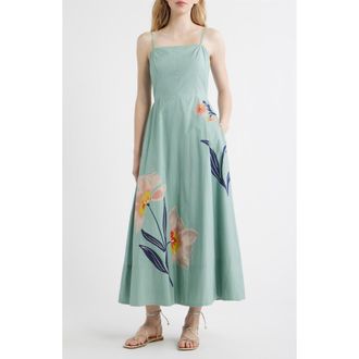 Cleobella Riley Placed Floral Organic Cotton Poplin Maxi Dress in Moresco Blue Surf at Nordstrom, Size X-Small