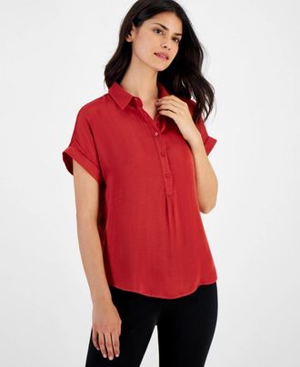 T Tahari Shirt Womens Red Cuffed Short Sleeve Collared Button-Up FTS1556
