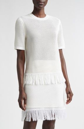 Ferragamo Open Knit Fringe Short Sleeve Virgin Wool Sweater in White at Nordstrom, Size Medium