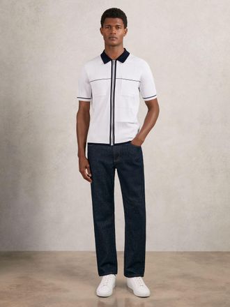 Reiss White & navy & blue Compact-knit Tipped Zip-through Shirt, Xxl