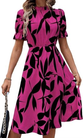 Generic Womens Summer High Neck Short Ruffle Sleeve Floral Dress Casual Round Neck High Waist A-Line Skirt Dress Purple