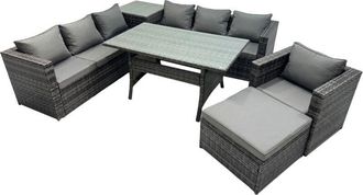 Fimous Fimous 8 Seater Outdoor Corner Sofa Chair Dining Table Set Garden Rattan Furniture Set with Side Table Big Stool Dark Grey