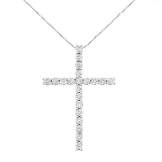 House of Brilliance 925 Sterling Silver 4.0 Cttw Diamond 2-1/4 Cross Pendant with Box Chain Necklace