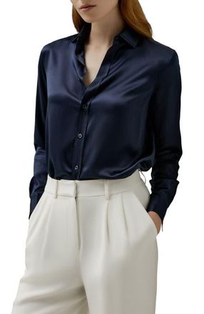 LilySilk Tailored Button Down Silk Shirt in Navy Blue at Nordstrom, Size 12