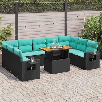 vidaXL Vidaxl Set De Sof&aacute;s De Jard&iacute;n Y Cojines 10 Pzas Rat&aacute;n Sint&eacute;tico Negro
