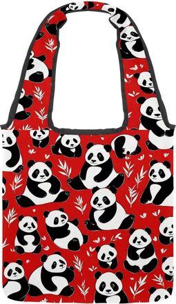 Generic Cute Panda on Red Reversible Canvas Shoulder Tote - Double-Sided Print, 12oz Cotton, 27cm Drop, Fold-Flat Bag for Travel, Shopping, Street Outings