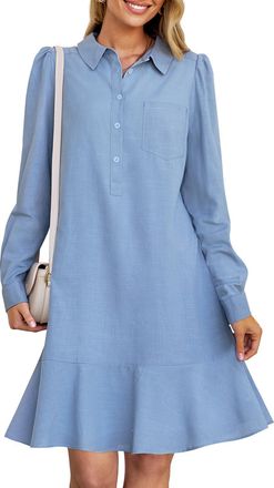 Merokeety Womens Casual Shirt Dress Long Sleeve Button Down Ruffle Flowy Tunic Shift Mini Dresses, Gray Blue, S