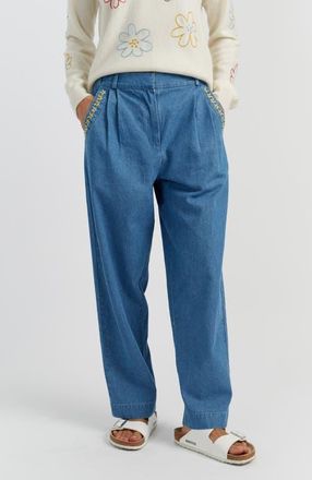 Chinti and Parker Chambray Daisy Wide-Leg Pants in Spring Blue at Nordstrom, Size 10