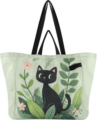 Generic Black Cat Floral print Reusable Canvas Tote Bag, Heavy Duty Grocery Shopping Bag with Double Handles Large Capacity Hard Bottom Work Groceries Travel