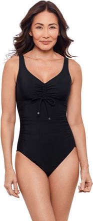 Aqua Green Cinched V-Neck Tummy Control Side Shirred One-Piece Swimsuit in Black at Nordstrom, Size X-Large