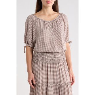 Max Studio Gingham Bubble Hem Top in Taupe/Cream at Nordstrom Rack, Size X-Large