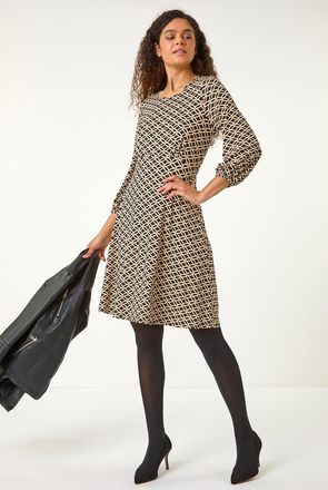Roman Geometric Print Fit & Flare Stretch Dress