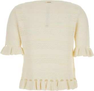 Twinset Womens Sweater With Ruffles, Wool-Blend White Viscose Tops Top