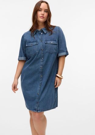 Vero Moda Curve Jeanskleid VERO MODA CURVE VMCJENNIE SS SHORT DENIM DRESS GA CUR, Damen, Gr. 48, N-Gr, medium blau denim, Denim/Jeans, Obermaterial: 90% Baumwolle, 10