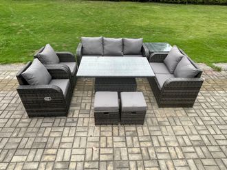 Fimous Rattan Outdoor Garden Furniture Sets Height Adjustable Rising lifting Dining Table Reclining Chair Set with Side Table in Dark Grey